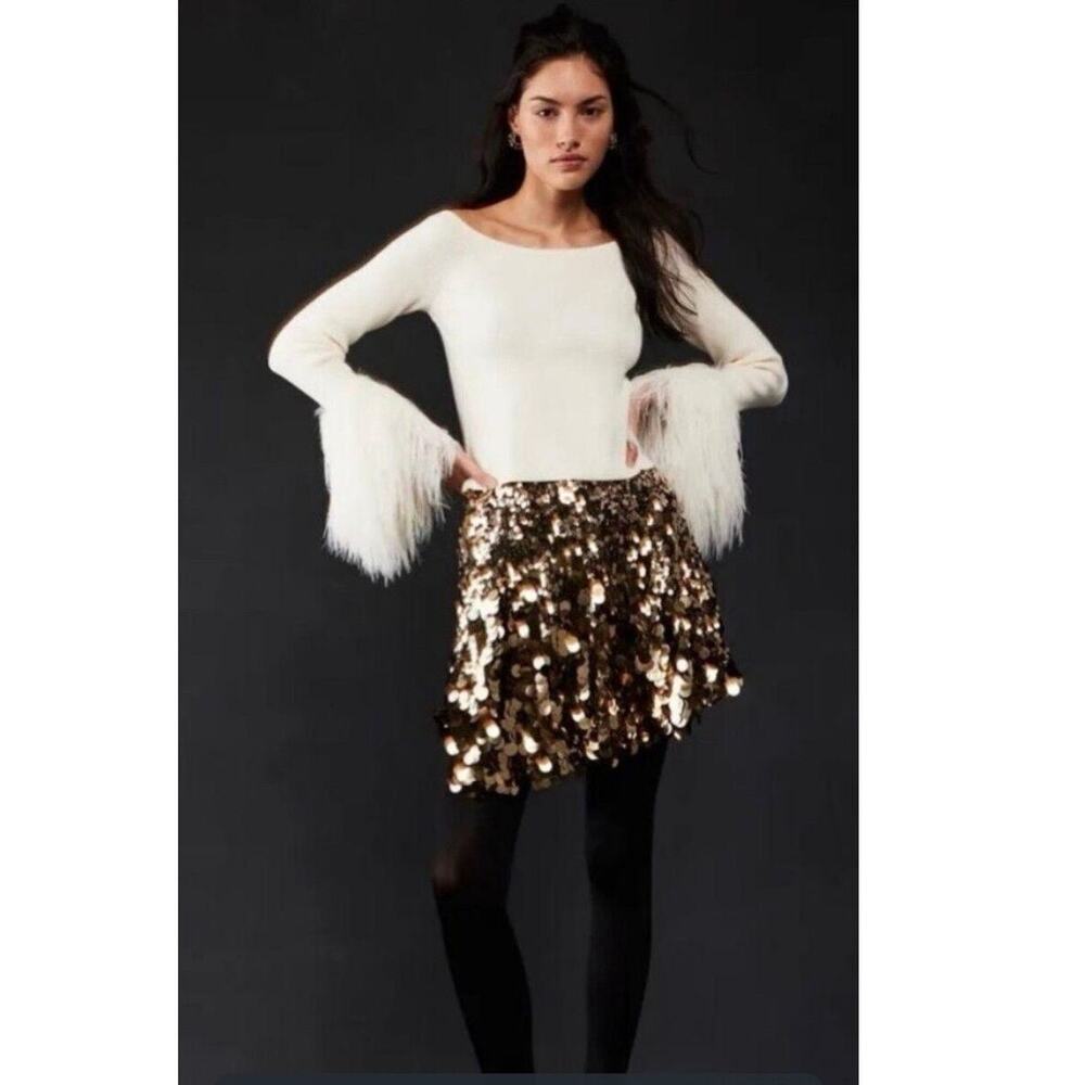 Free People Gold Sequin Disco Asymmetric Mini Skirt 10